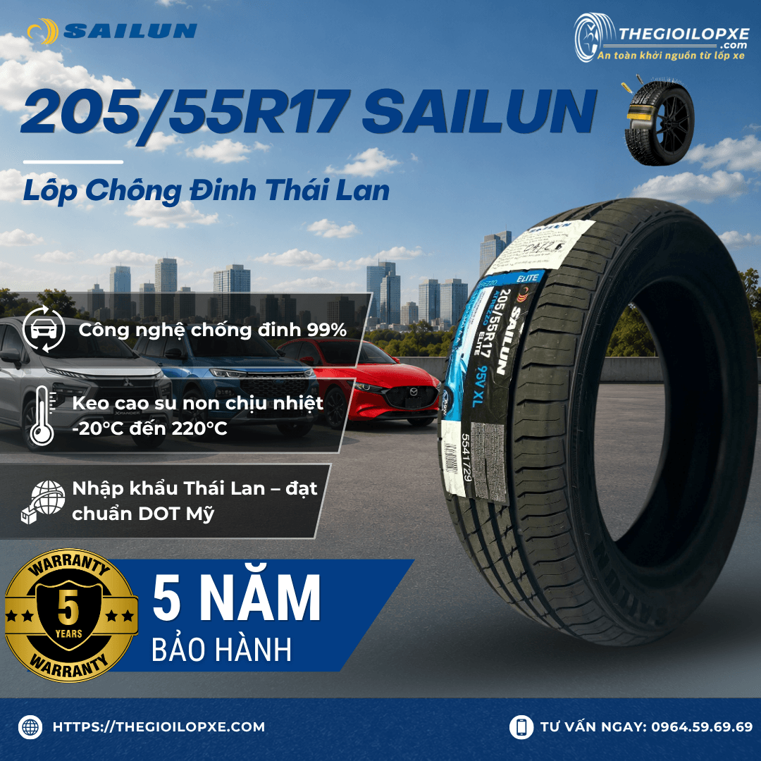 Lốp Chống Đinh 205/55R17 Sailun Việt Nam - Lốp Xe Ev Vinfast VF5 - Mitsubishi Xpander Cross, Premium